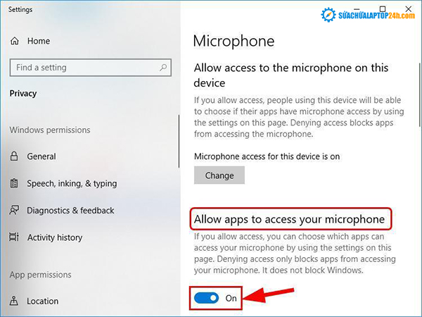 Kiểm tra mục Allow apps to access your microphone đã bật hay chưa